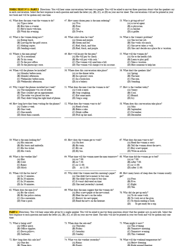 Toiec Test #1 - Q41 To Q140 - To Print | PDF