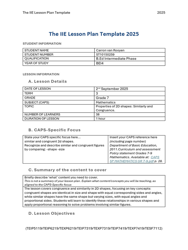 Mathematics Lesson Plan Grade 7 | PDF | Shape | Learning