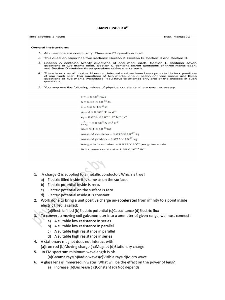 Sample Paper 4TH Bypappu | PDF | Electricity | Electron