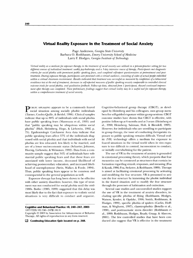Virtual Reality Exposure in The Treatment of Social Anxiety | PDF ...