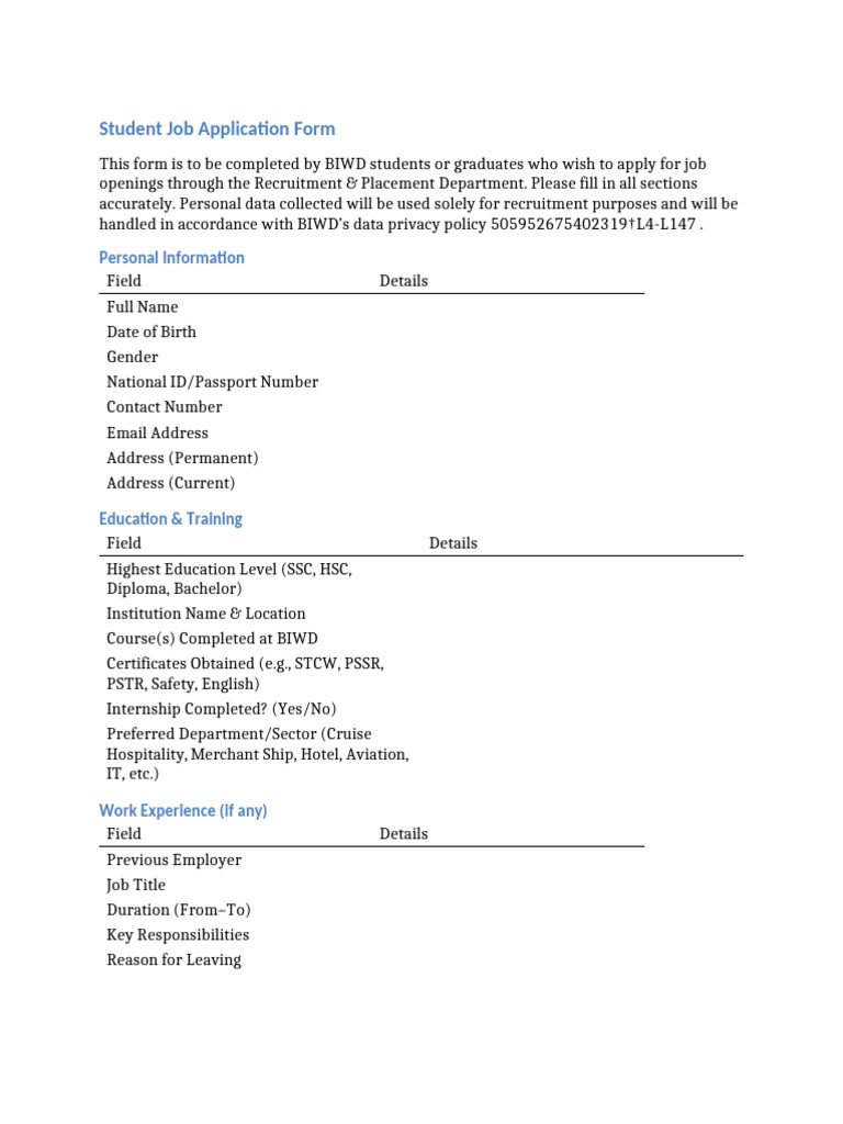 Student Job Application Form | PDF