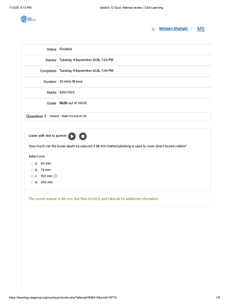 Section 12 Quiz - Attempt Review - CSA Learning | PDF | Electrical ...