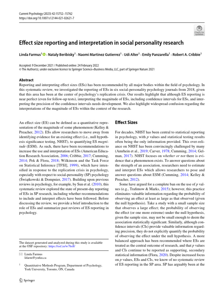 Effect Size Reporting and Interpretation in Social Personality Research ...