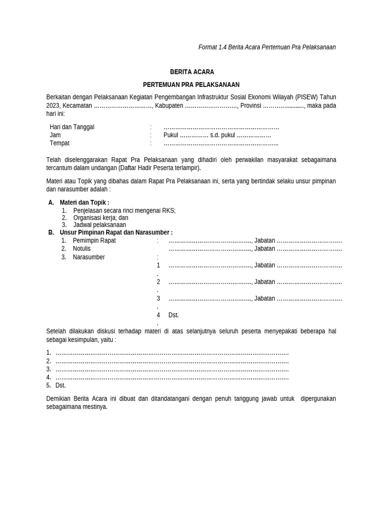 Format 1.4 Berita Acara Pertemuan Pra Pelaksanaan | PDF