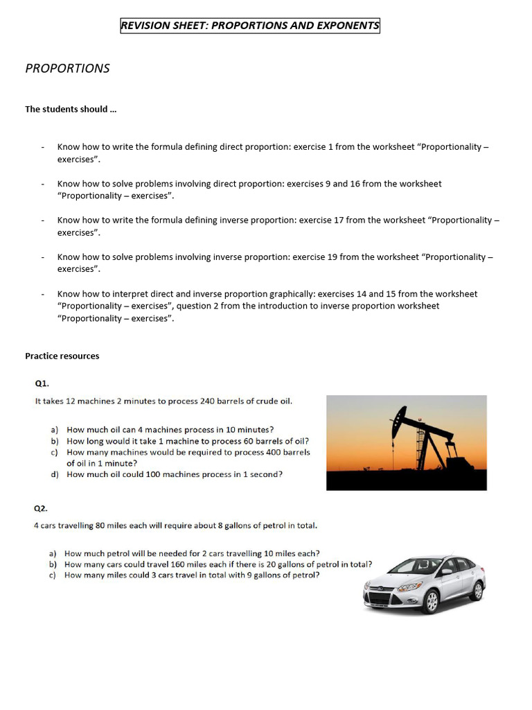 REVISION SHEET Test Proportions and Exponents | PDF