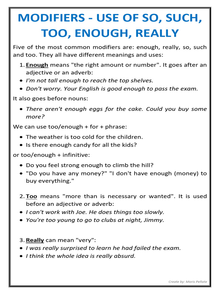 Modifiers - Use of So, Such, Too, Enough, Really | PDF