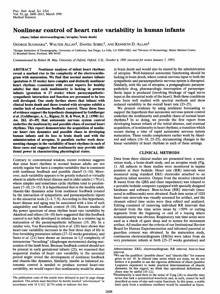 1996 Nonlinear Control of Heart Rate Variability in Human Infants | PDF ...