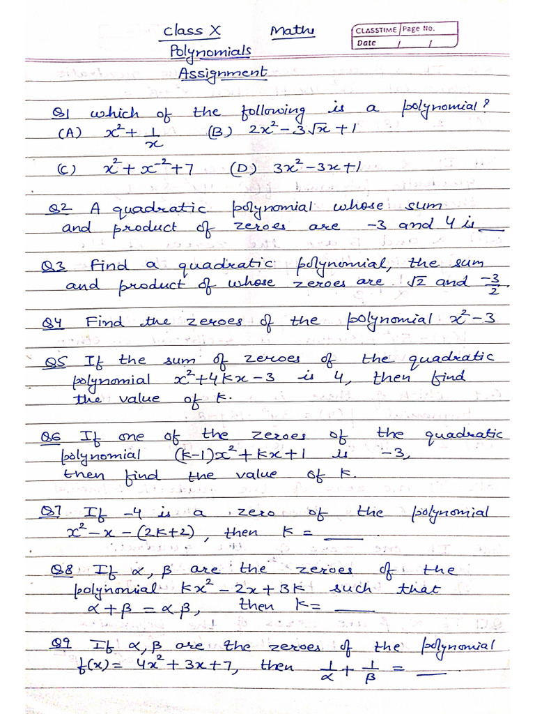 Class X Polynomials Assignment | PDF