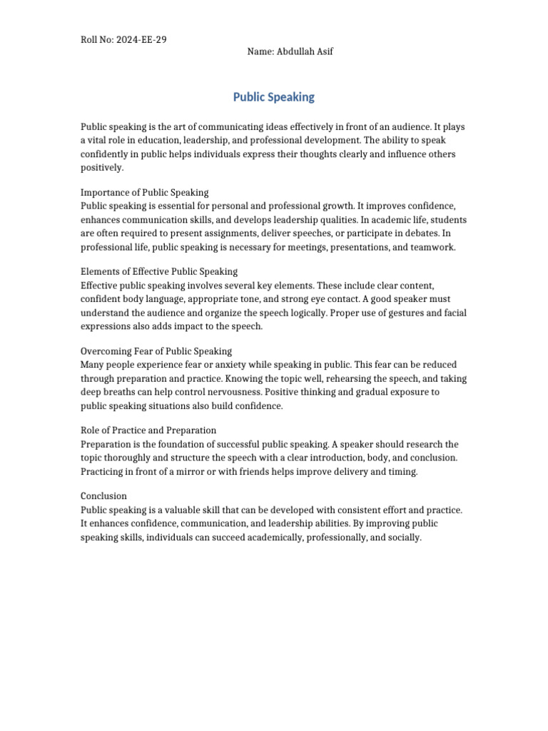 Public Speaking Assignment Abdullah Asif | PDF