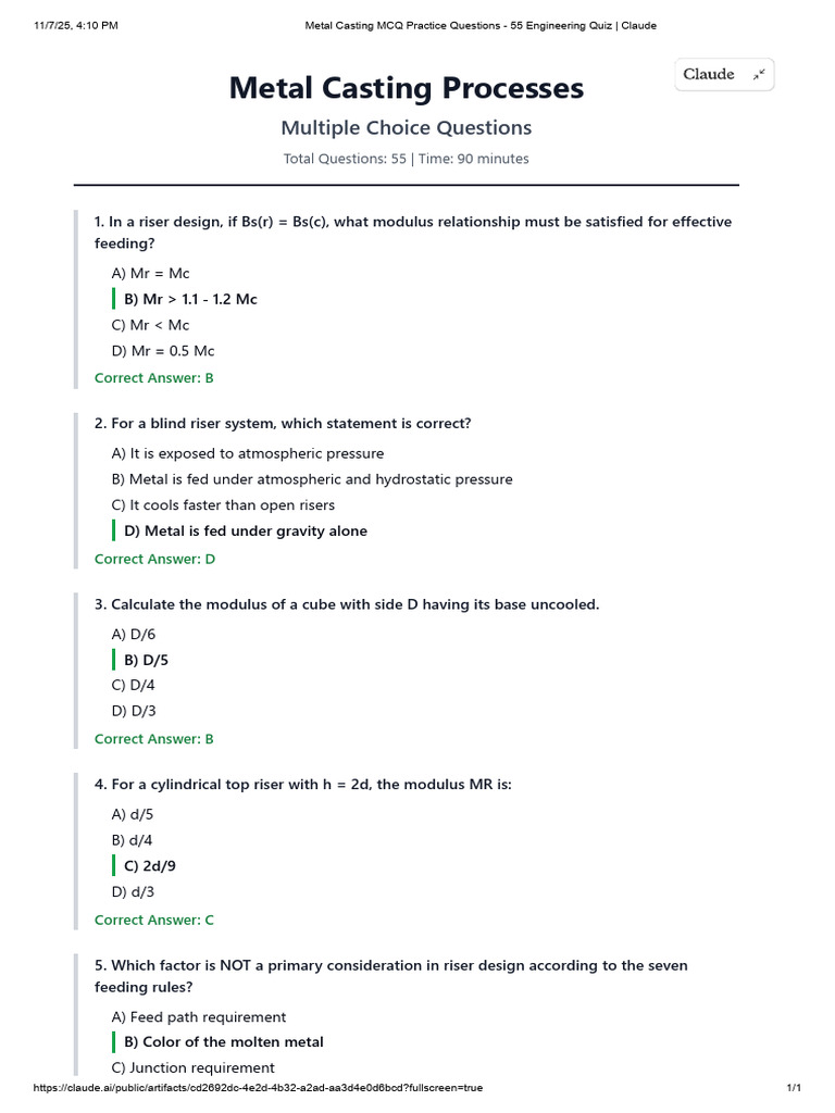 Metal Casting MCQ Practice Questions - 55 Engineering Quiz - Claude | PDF