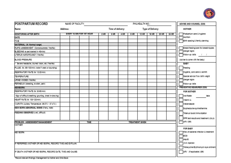 Postpartum Monitoring Chart | PDF | Postpartum Period | Childbirth