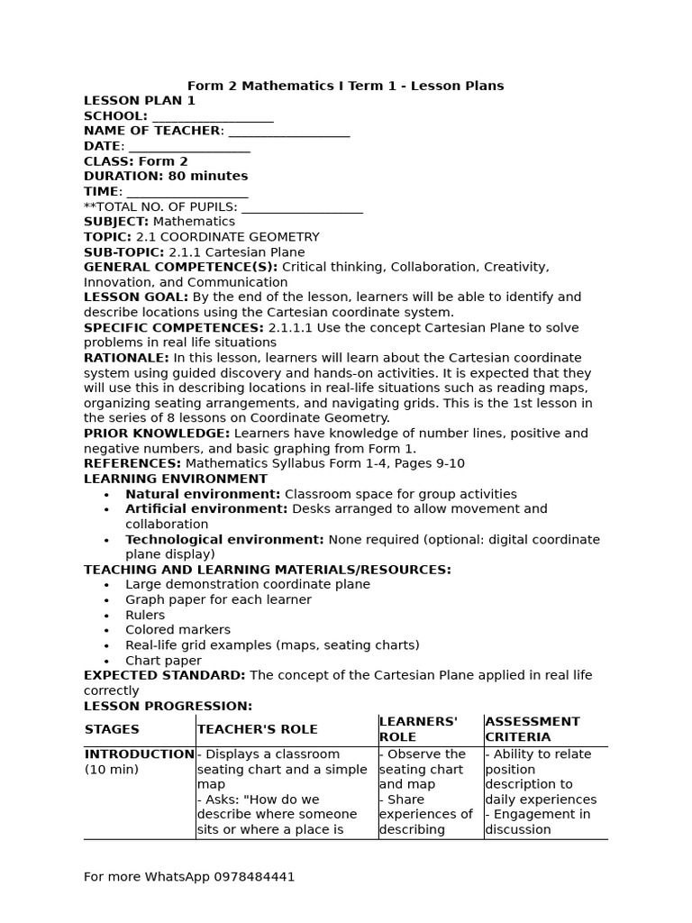 Form 2 Mathematics I Term 1 - Lesson Plans | PDF | Cartesian Coordinate ...
