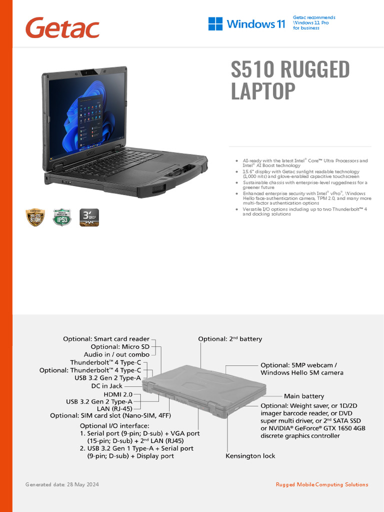 Getac S510 G1 Specifications | PDF