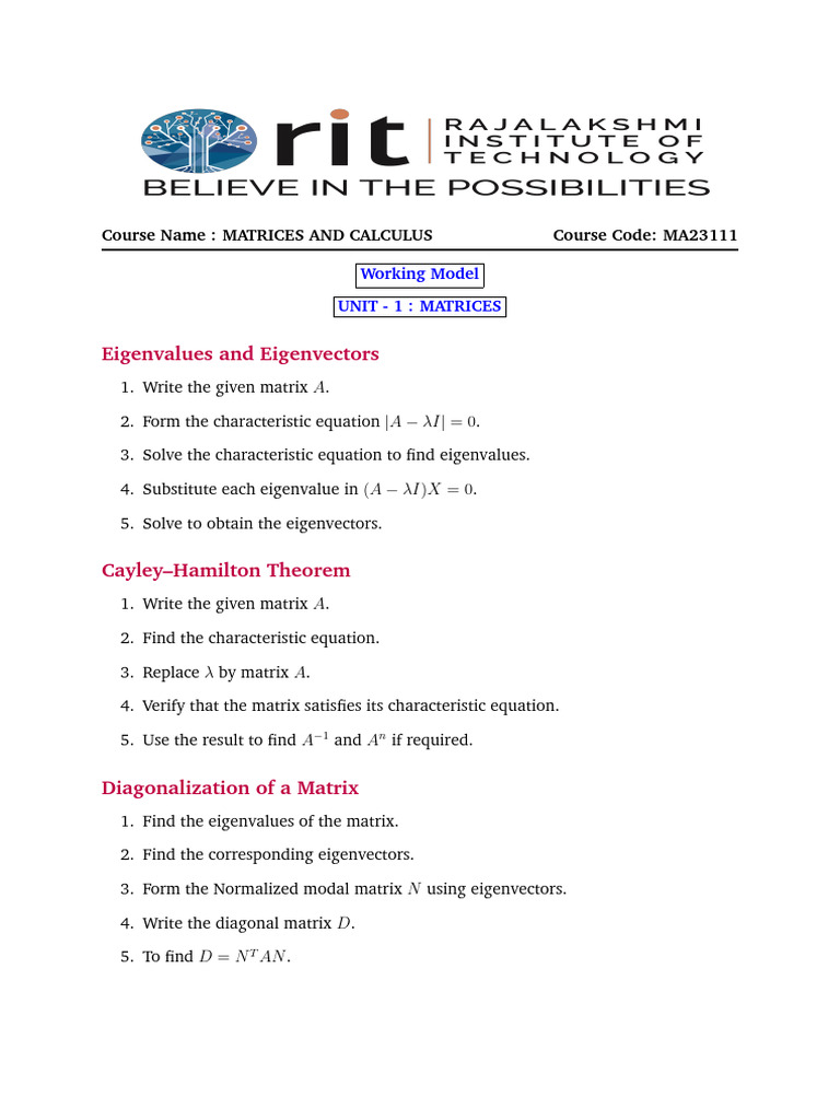 Matrices and Calculus - Working Model | PDF | Eigenvalues And ...