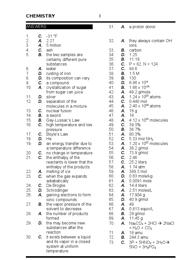 Chemistry Answer Key Overview | PDF | Acid | Chemical Bond