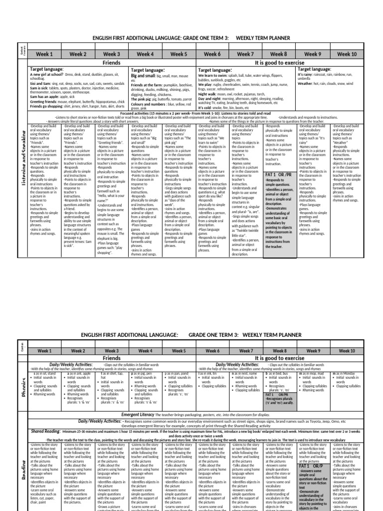 EFAL Grade 1 Term 3 Weekly Plans | PDF | Vocabulary | Word