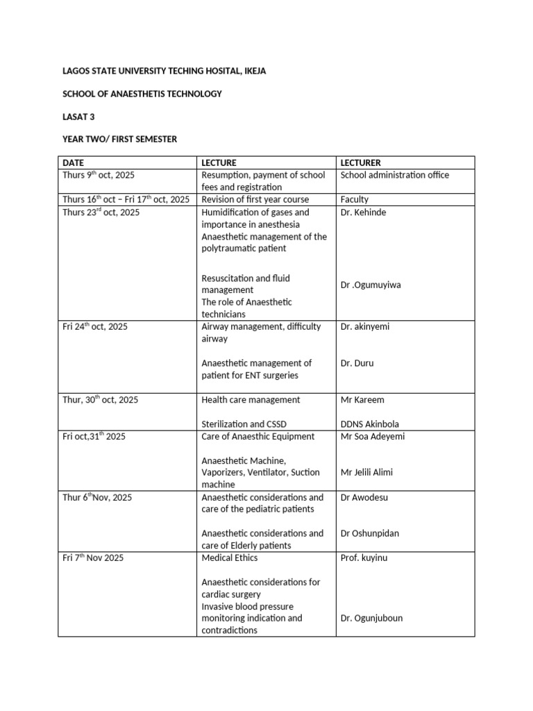 Lasat 3 - Second Year First Semester Timetable | PDF | Anesthesia ...