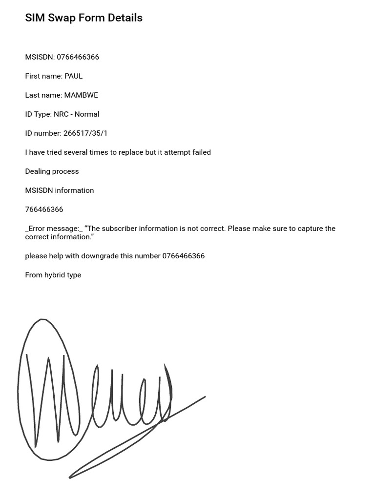 SIM Swap Form Details | PDF
