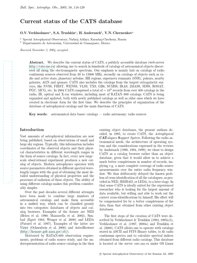 Current Status of The CATS Database: O.V. Verkhodanov, S.A. Trushkin, H ...
