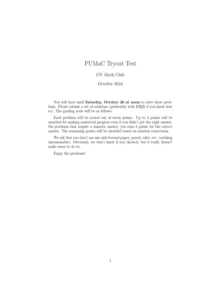 PUMaC24 Tryout | PDF | Discrete Mathematics | Mathematics