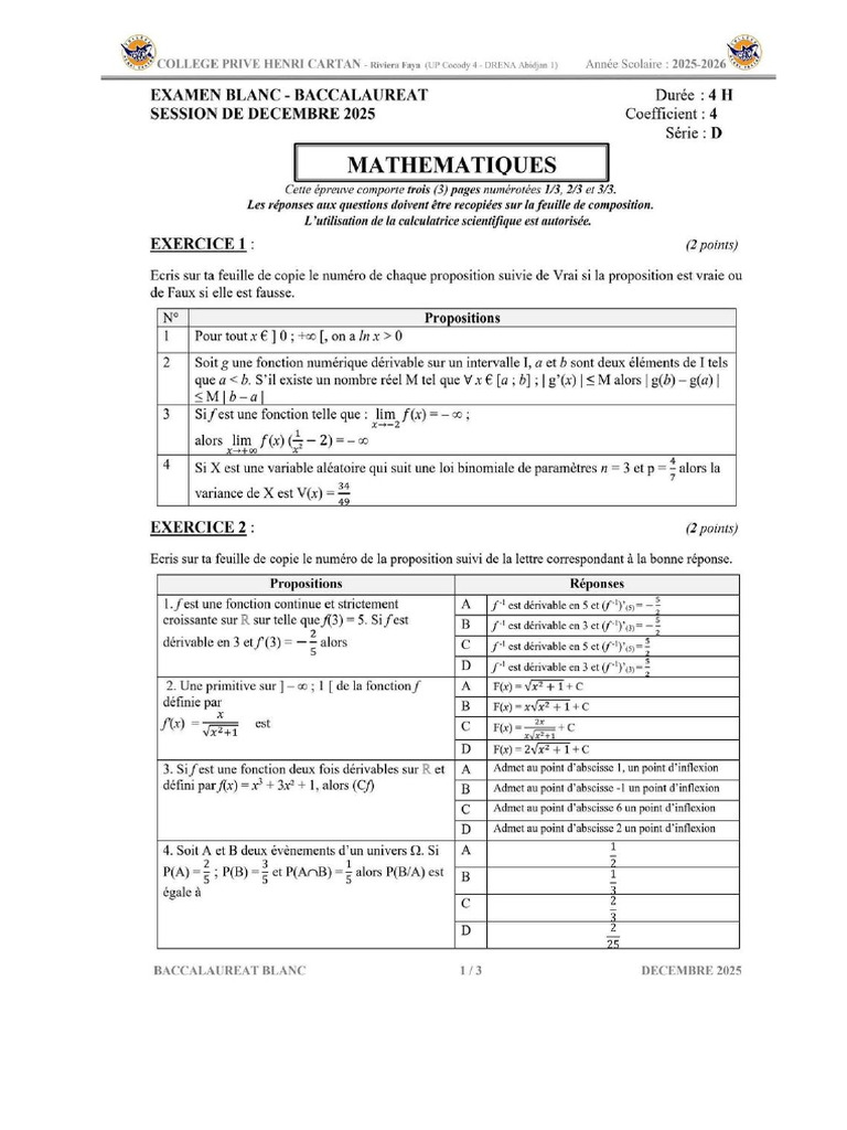 Bac Blanc Henri CARTAN Dec 2025 | PDF