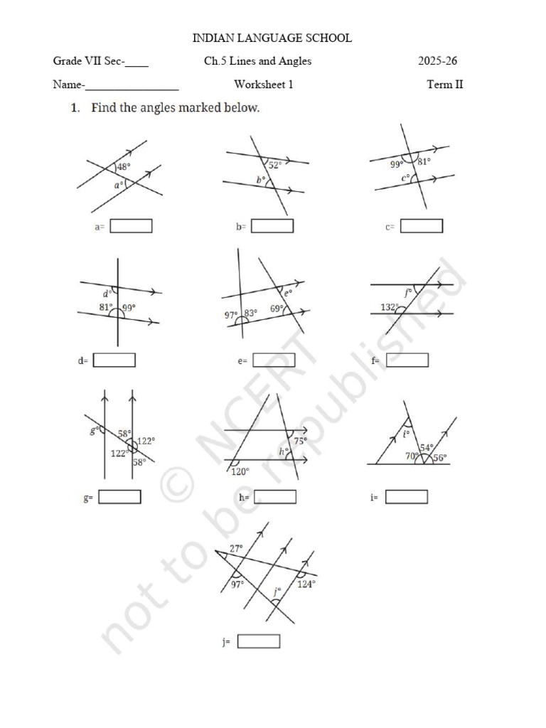 GR VII Math Ch5 Ws 1 Lines and Angles | PDF