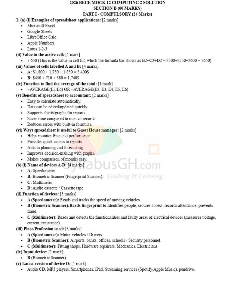 2026 Bece Mock 12 Computing 2 Solution | PDF | Spreadsheet | Image Scanner