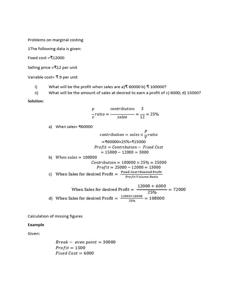Cost & BEP Numericals | PDF | Business Economics | Financial Accounting
