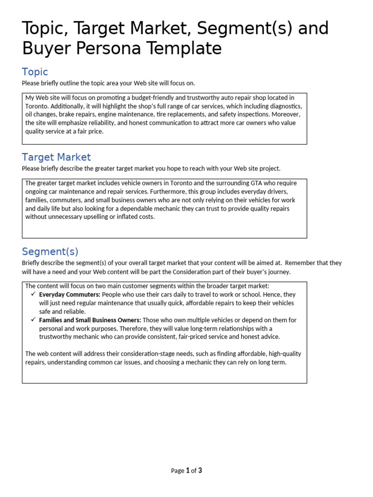 Template - Topic, Target Market, Segment(s) and Buyer Persona | PDF ...