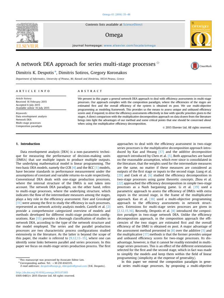 Despotis Et Al. 2016 A Network DEA Approach For Series Multi-Stage ...
