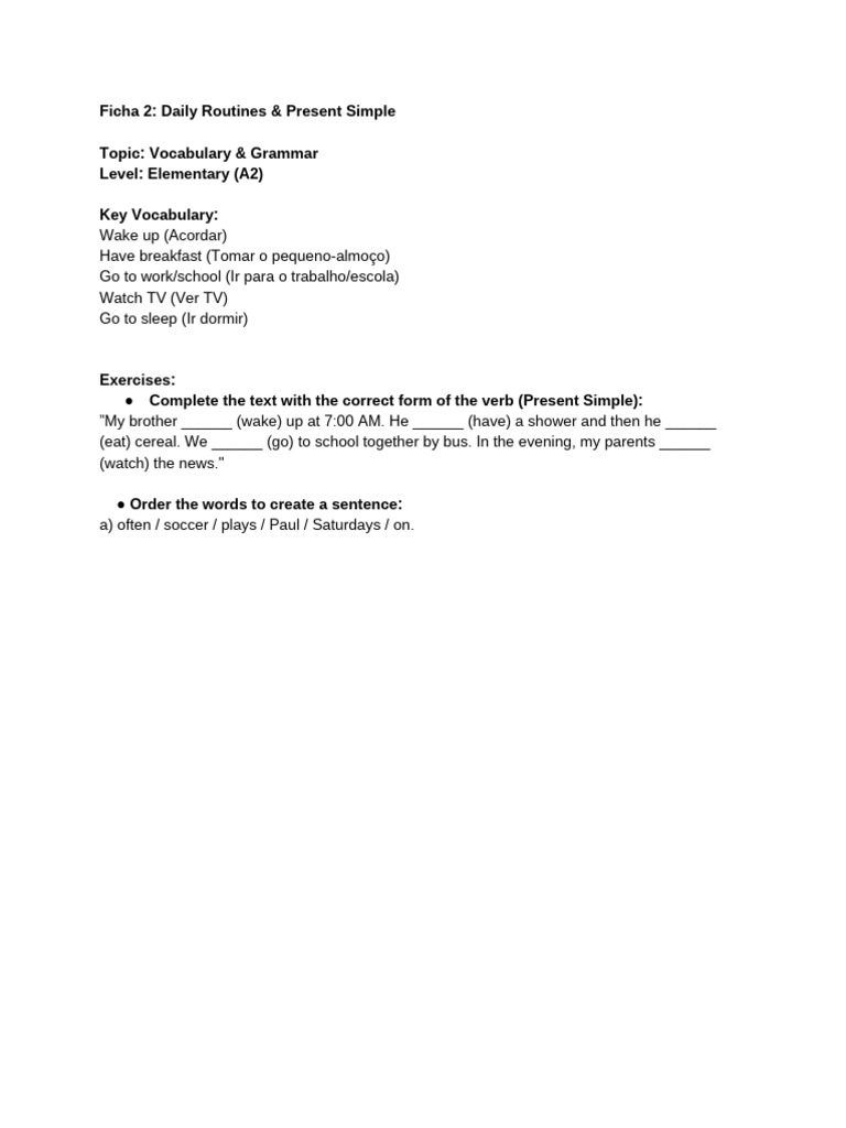 Ficha 2 - Daily Routines & Present Simple | PDF