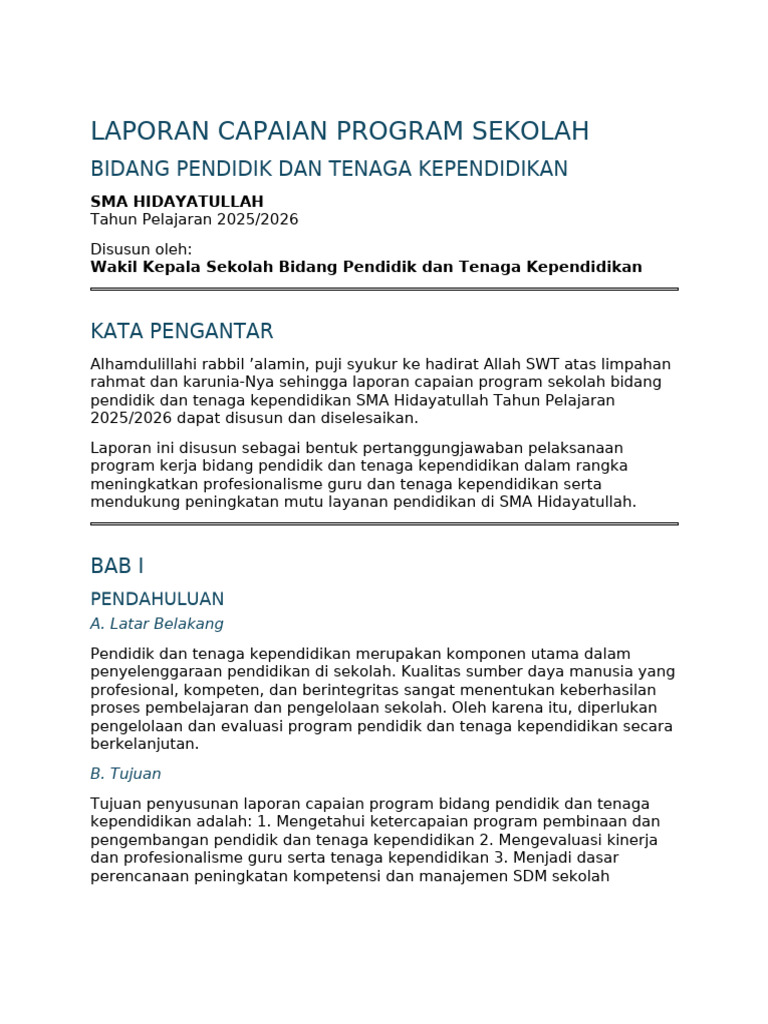 Laporan Capaian Program Sekolah Bidang Pendidik Dan Tenaga Kependidikan ...