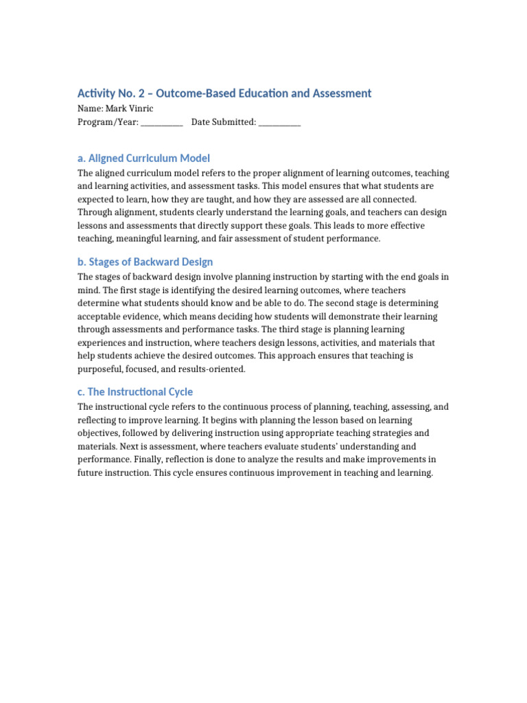 Activity 2 Outcome-Based Education and Assessment Answer | PDF