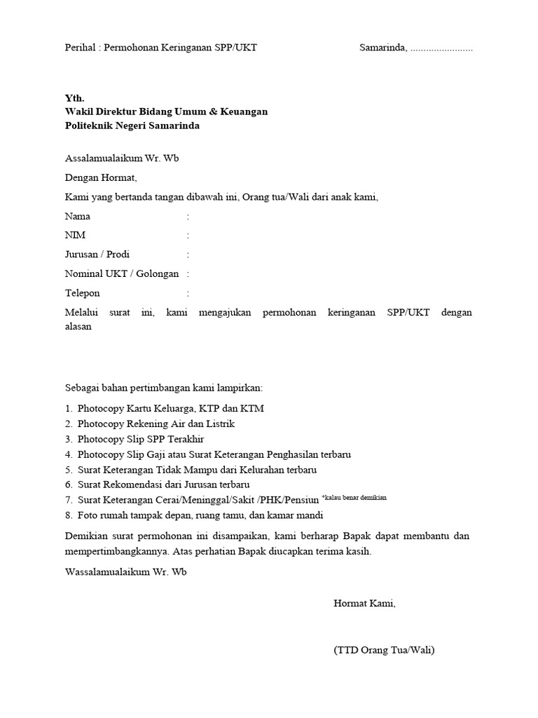 Surat Permohonan Keringanan Ukt Ta Genap | PDF
