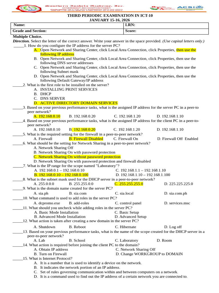 ICT 10 - 3rd Quarter Exam (AutoRecovered) | PDF | Ip Address | Computer ...