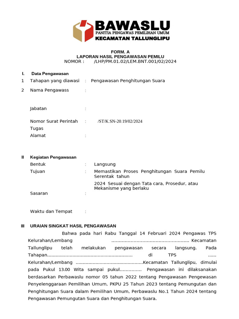 Form A Pengawasan Penghitungan Suara Ptps 14 Feb 2024 | PDF