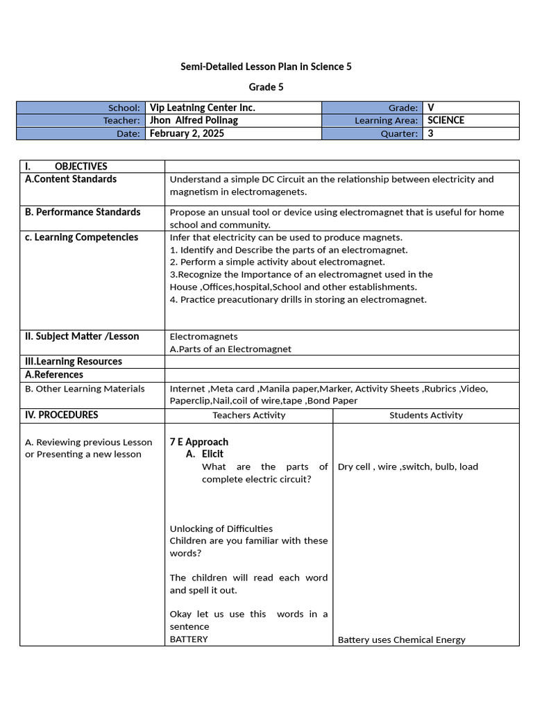 Lesson Plan in Science Grade 5 | PDF | Magnet | Inductor
