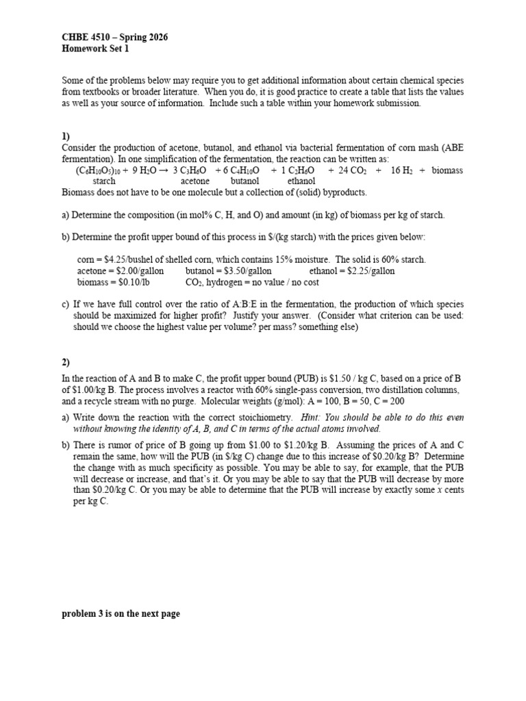 CHBE 4510 Spring 2026 Homework Set 1 | PDF | Fructose | Fermentation