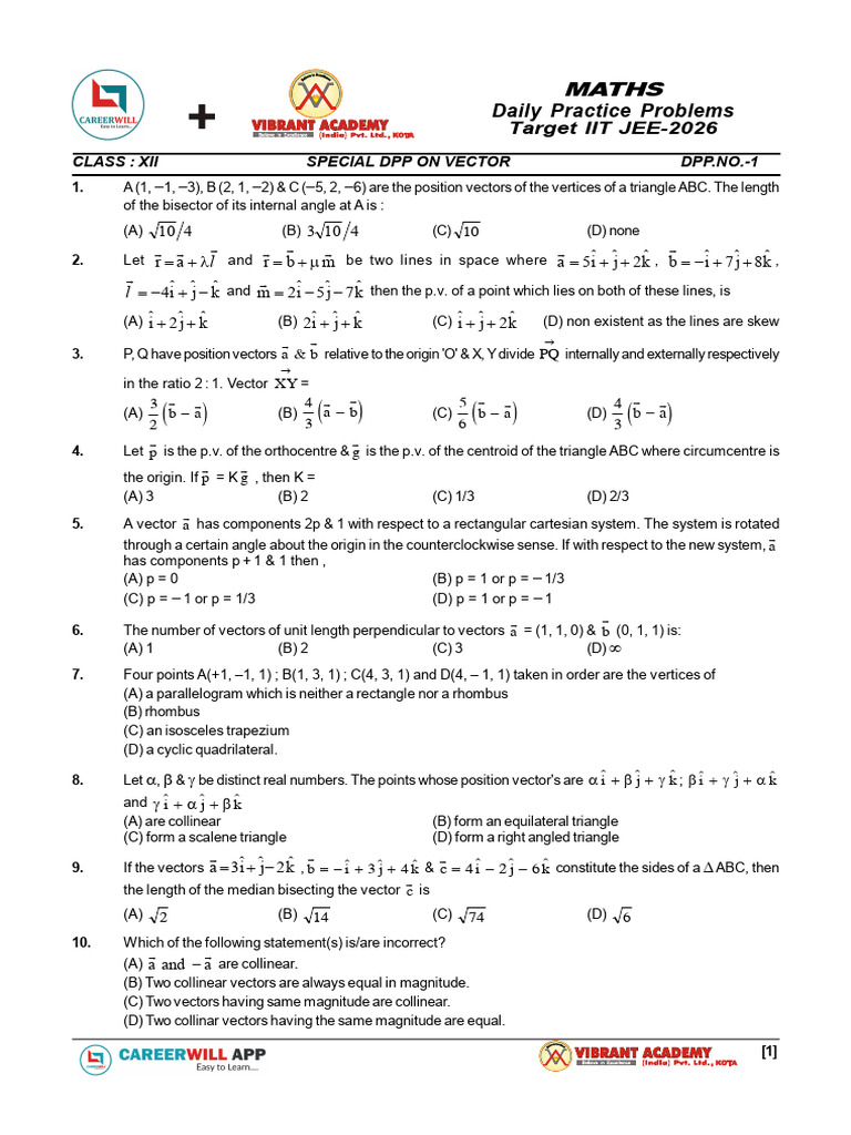 Maths Vector DPP 1 To 10 XII Careerwill | PDF | Rectangle | Elementary ...