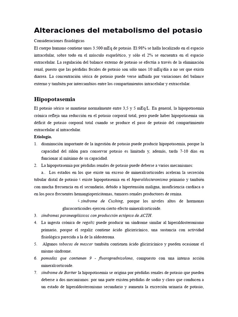Alteraciones del metabolismo del potasio | PDF | Potasio | Química