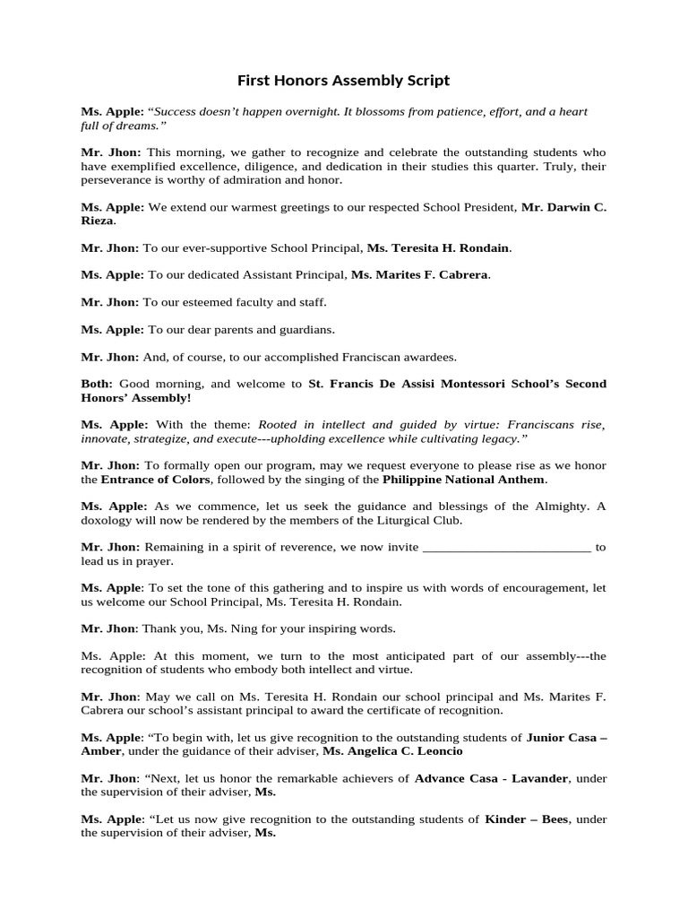 First Honors Assembly Script 25-26 | PDF