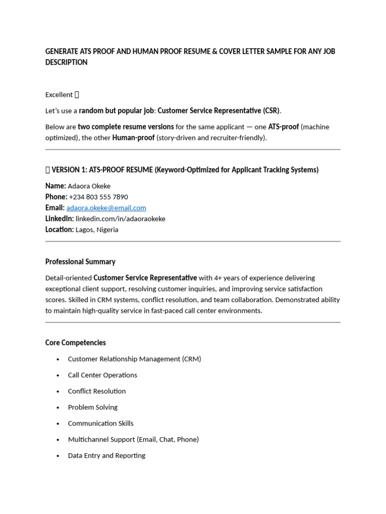 l98 - Generate Ats Proof and Human Proof Resume and Cover Letter | PDF ...