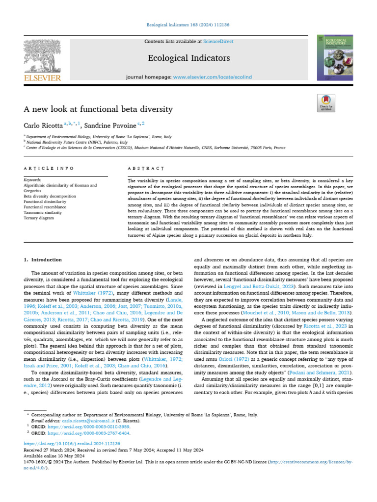 A New Look at Functional Beta Diversity 2024 Ecological Indicators ...