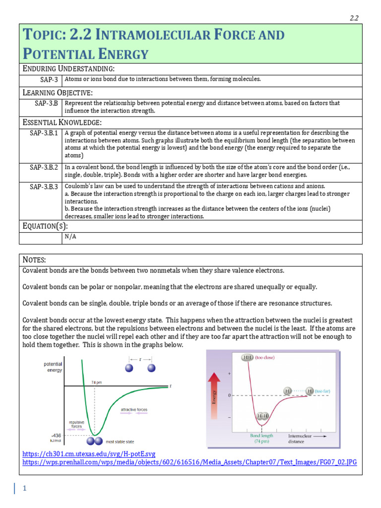 2.2 Intramolecular Force and Potential Energy Student | PDF | Chemical ...