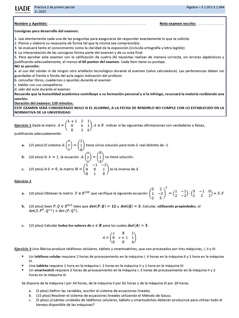 Práctica 2 de Primer Parcial ALG 2c 25 | PDF | Matemáticas