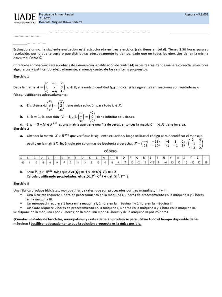 Práctica Primer Parcial ALG 1c Jueves 2025 Resuelta | PDF | Matriz ...