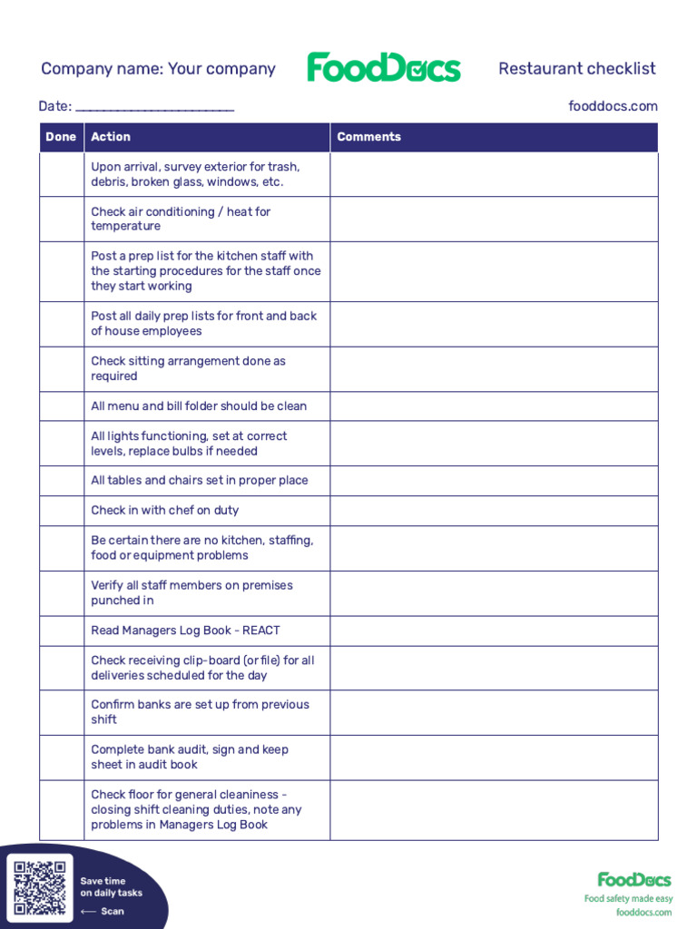 Fooddocs - Restaurant Checklist | PDF | Chef