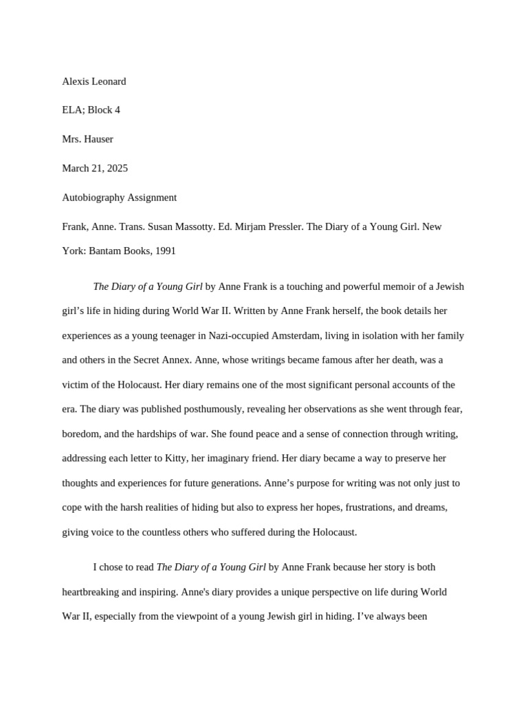 Autobiography Assignment | PDF | Anne Frank | Psychological Resilience