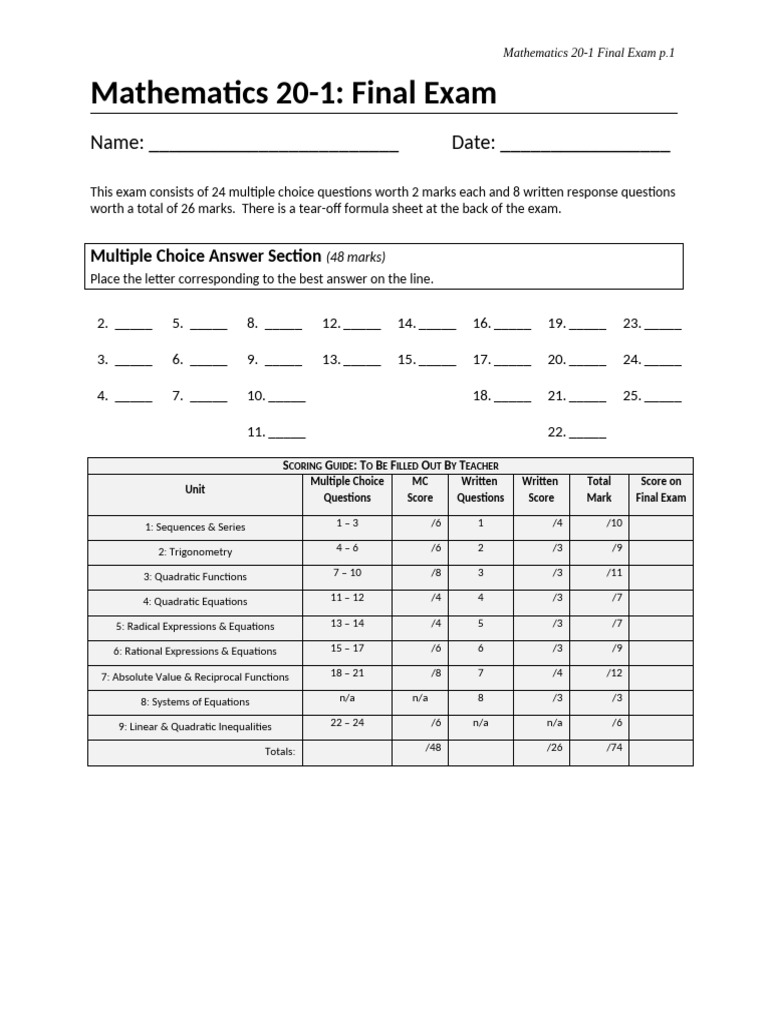 Math 20-1 Final Exam (June 2013 in Order of Units) | PDF | Quadratic ...