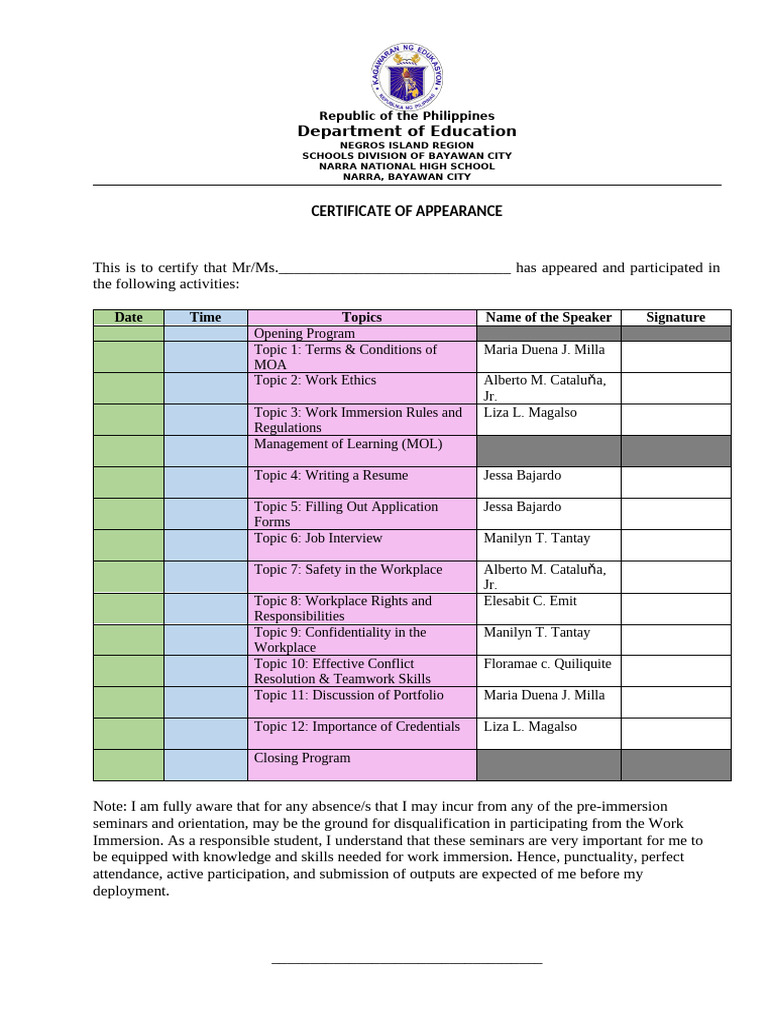 Work Immersion Certificate of Appearance (Pre-Immersion) | PDF